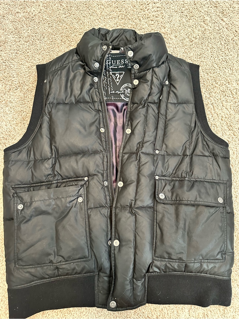 GUESS Men's XL Black Quilted Puffer Utility Vest Y2K Streetwear